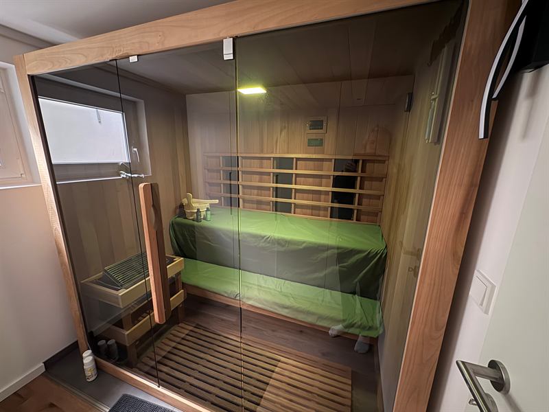 Blick in die Hybridsauna mit Saunaofen und Holzbänken