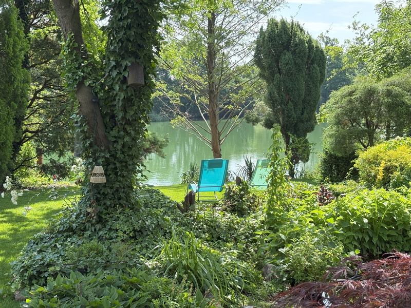 Idyllischer Seeblick aus dem Garten am Abend